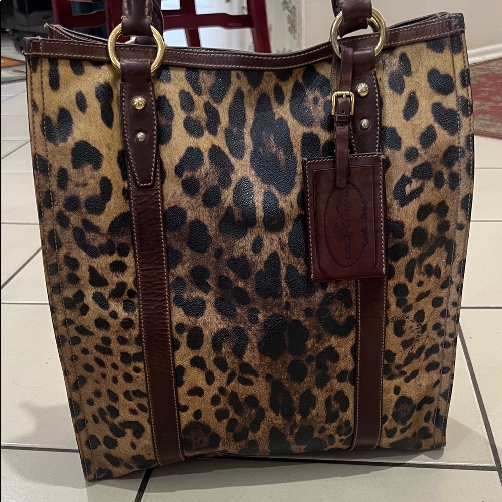 Dolce & Gabbana Leopard Print Tote with Brown Leather Accents
